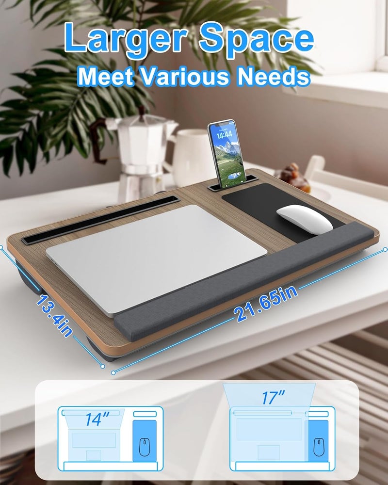 HETTHI Laptop Lap Desk, Portable Large Laptop Desk for Bed, Up to 17 in Lap Table with Wrist Rest, Mouse Pad, Tablet Phone Slot, Portable Handle, Cushion (Dark Brown Woodgrain) - Image 2